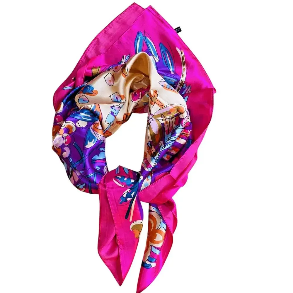 Silky Feel Scarf Satin Finish Bandana Pink & Blue Floral Modern Art 36” Square